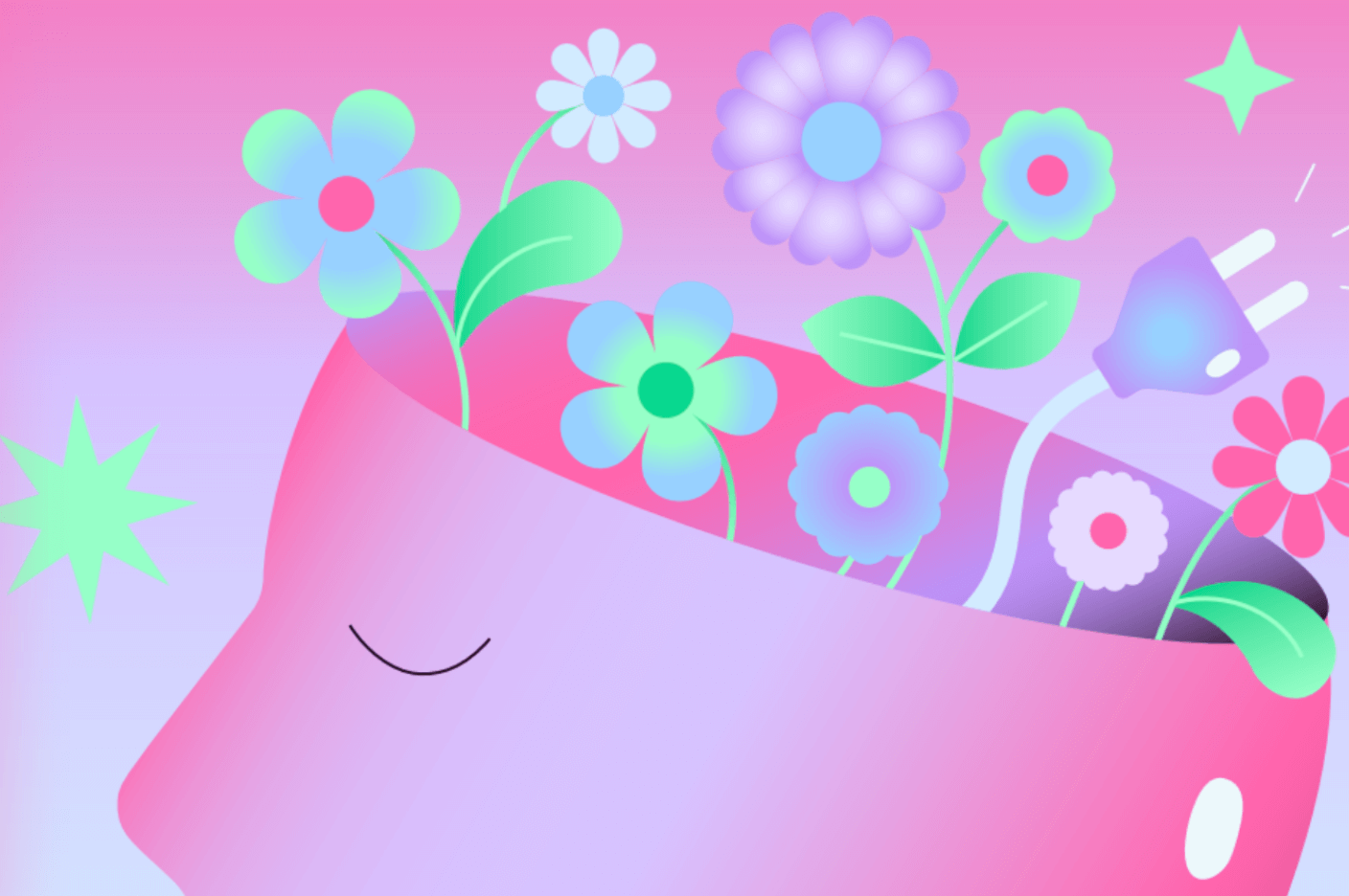 Illustration of an open head with flowers poking out 